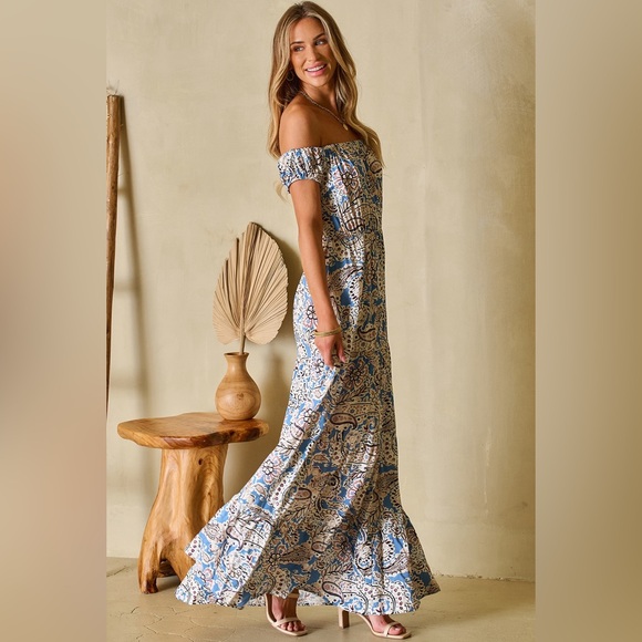 Blue Boho Paisley Print Off Shoulder Maxi Dress Bohemian Long Dress - Picture 7 of 15